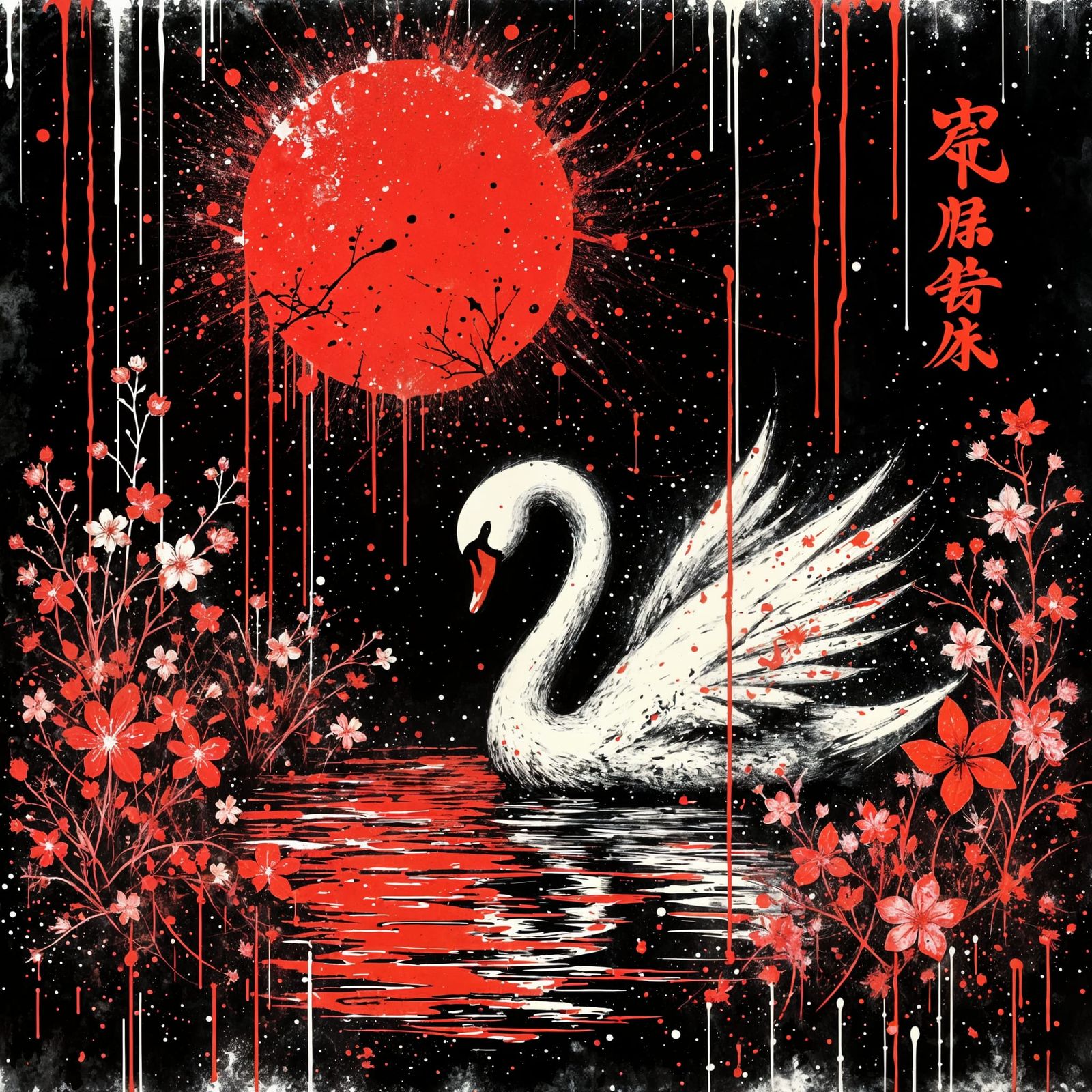 <lora:Splatter Art:1.0> Splattered impasto artwork of a rough outline of silhouette of an elegant swan on a pond, with subtle wildflowers an...