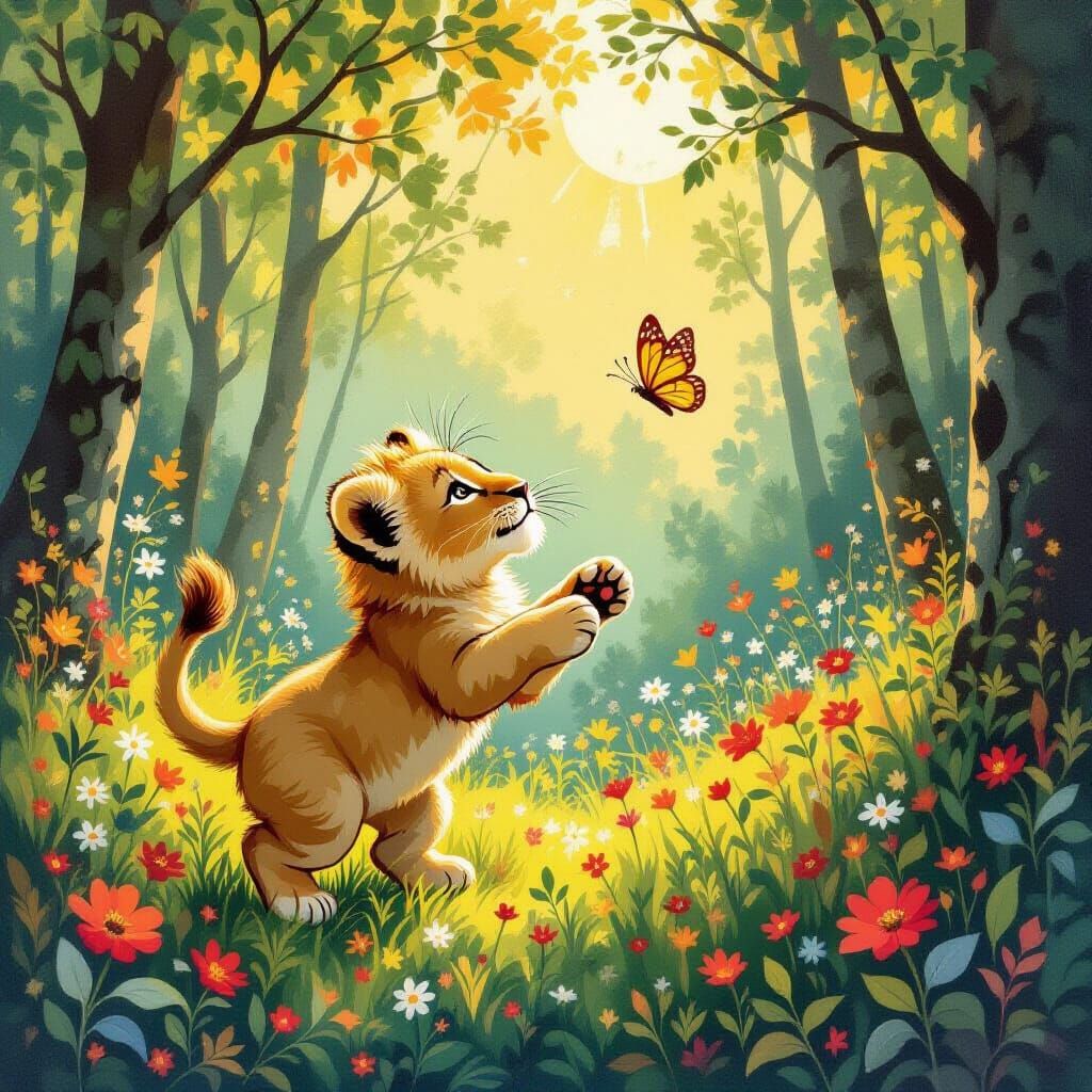 Lion Cub Chasing Butterfly in Mackintosh Style