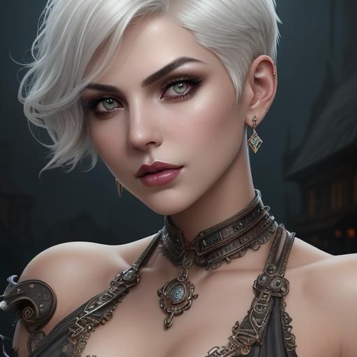 steampunk female close up with white short hair diamond dang...