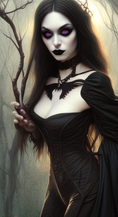 Gorgeous Gothic Witch Portrait in Hyperrealistic Charcoal St...