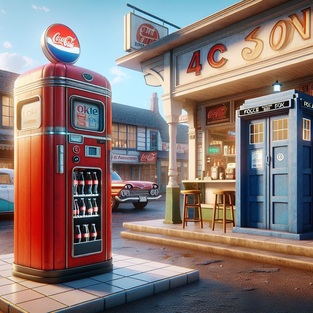 Coke machine tardis, front of a 1950s gas station, cgi quali...