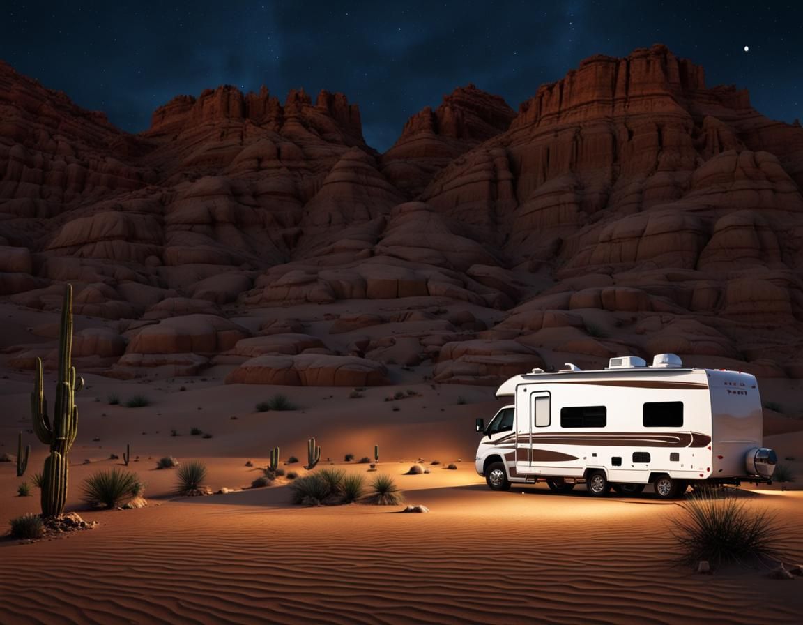 An RV in the middle of a desert at night