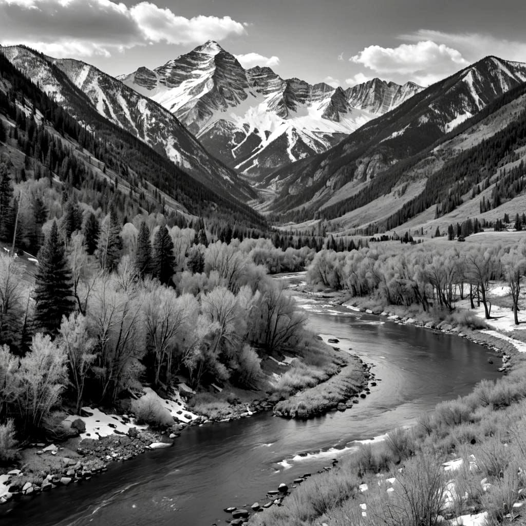 black and white image of Colorado mountains with snow on peaks. valley with river in foreground. 8k resolution