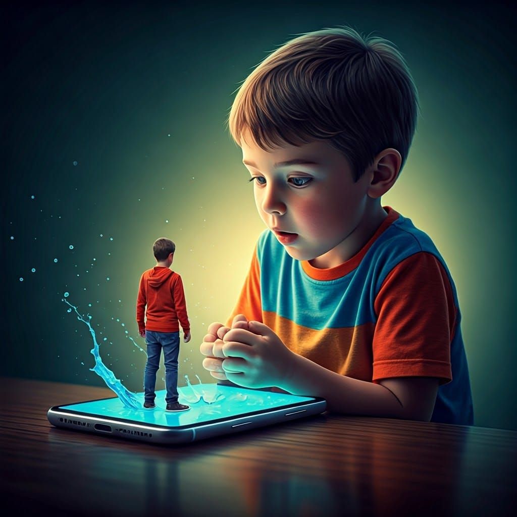 Miniature Boy Emerges from Smartphone in Hyperrealistic Digi...