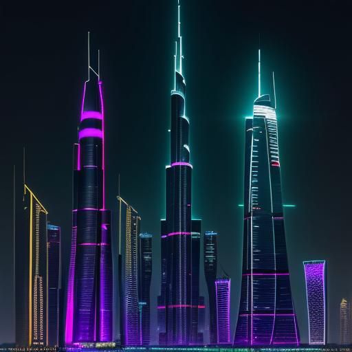 Burj Khalifa in night neon colors and glowing AI Generated Artwork
