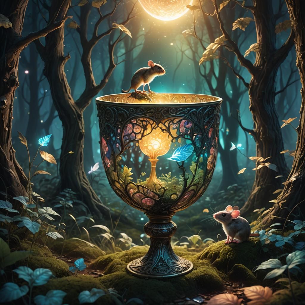 Glowing Chalice and Mouse in Mystical Forest