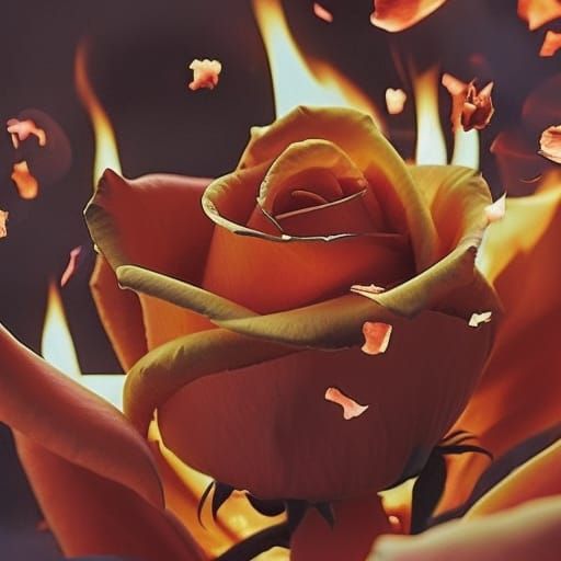 Fire flower, rose petals falling gently, hyperdetailed, petals made of flames, glowing red hot. Coherent