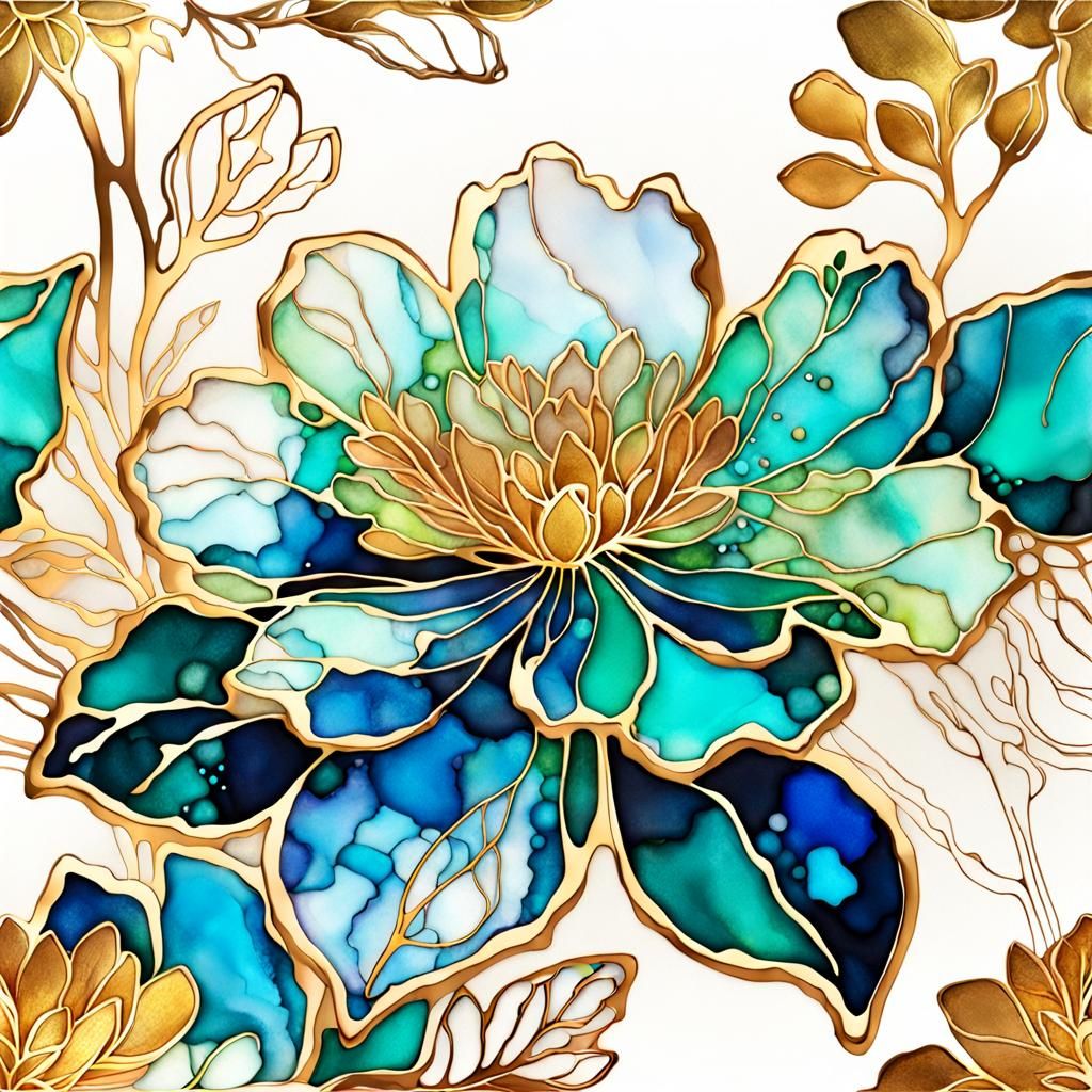 alcohol ink, gold outlines, flower  by @g r r c