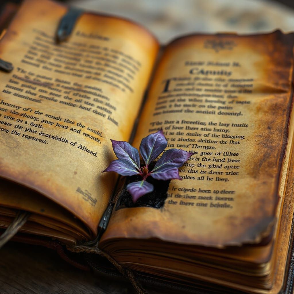 A leatherbound old book, arcane writing, with a tiny inner compartment, in which a tiny purple leaf is growing, weathered pages, beautiful a...