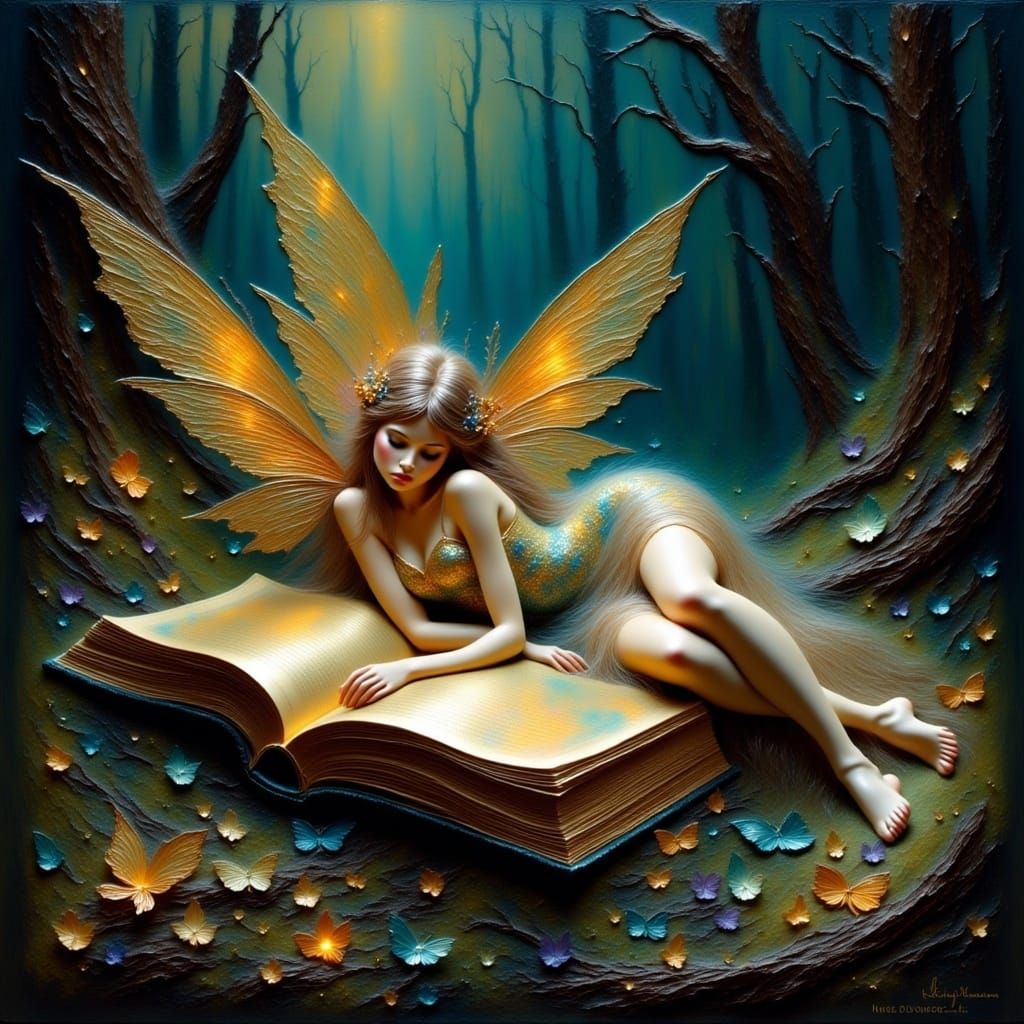 Gaussian electromagnetism Impasto, a sleeping fairy laying down on the cover of a magic book  in the misty forest, dense brush strokes, glit...