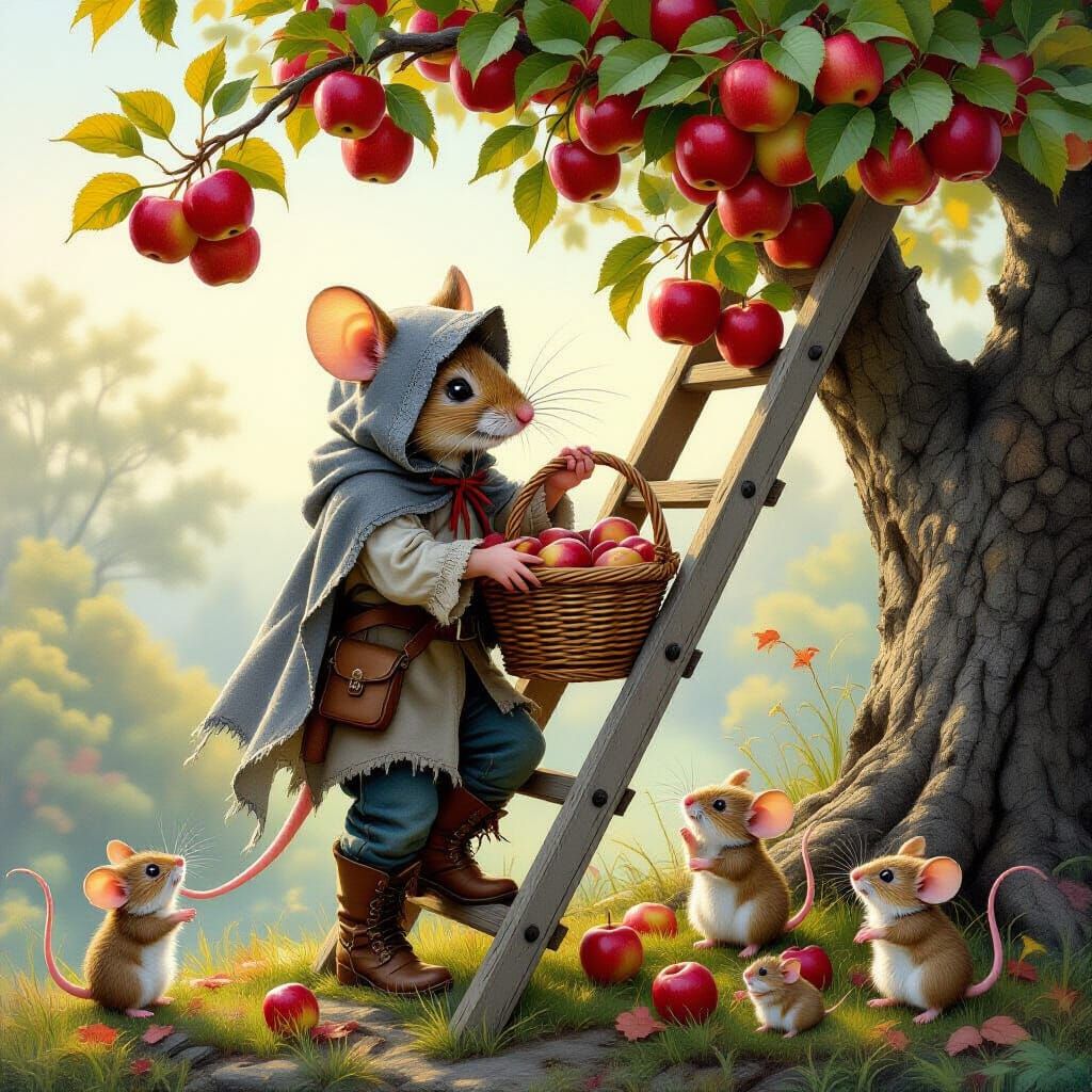 super detailed anthropomorphic mouse with tattooed arms, in worn clothes, in a gray cloak on his back and head, boots on his feet. standing ...