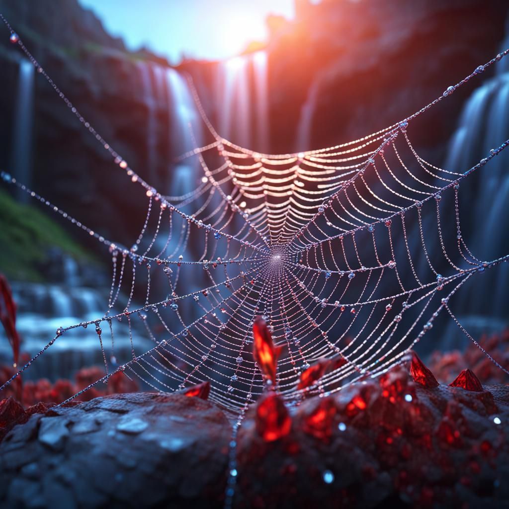 Spider web made of crystal silk embedded with blue and red diamonds cover in morning dew overlooking ...  by @Cosmic creator