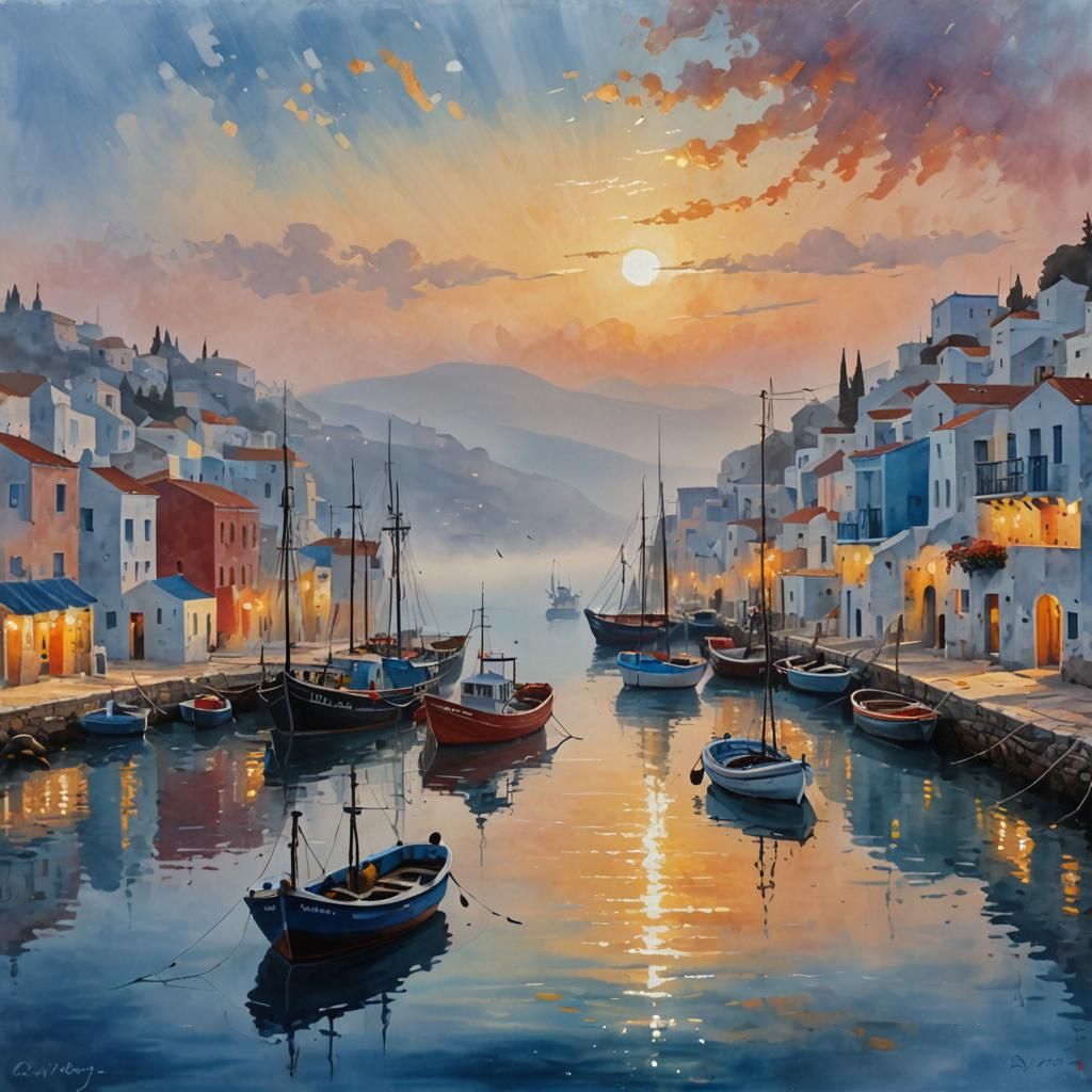 Greek Fishing Village Morning Mist 🌅🎨✨ v2