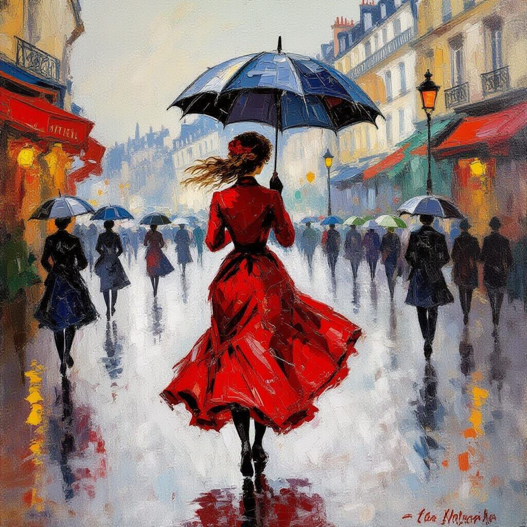 .a woman in a flowing red dress chasing after an umbrella blowing in the wind and rain  Artist: Pierre-Auguste ...  by @Spearmint