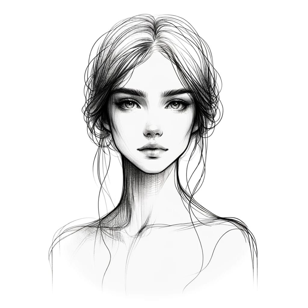 Craft a minimalistic black and white sketch of a young and perfect