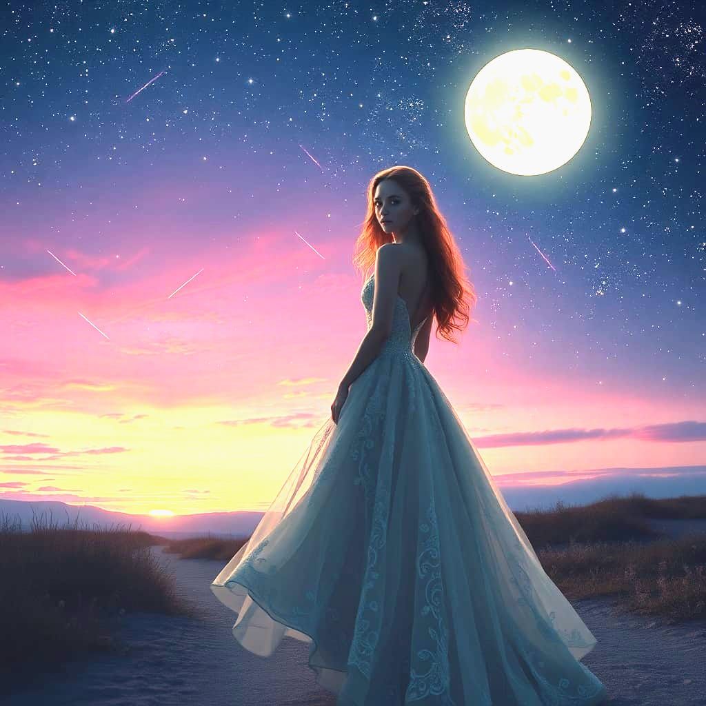 Beautiful Girl Walking at Sunset in Cyberpunk Style