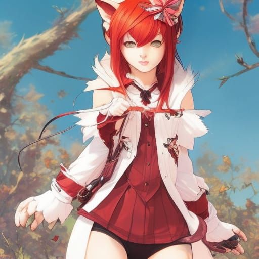 A cute cat girl; red hair, cat ears ;full body portrait by C...