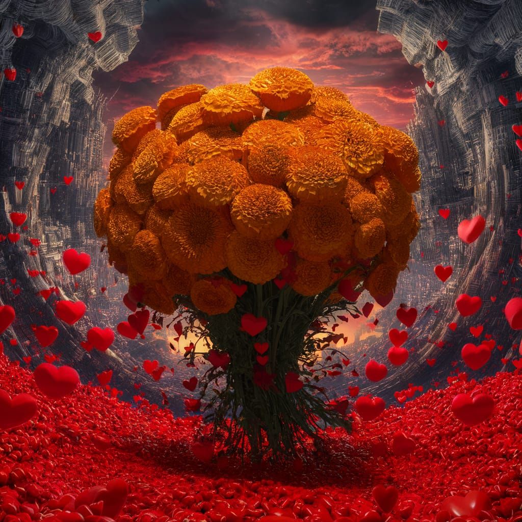 Bouquet of marigold flowers surrounded by red hearts