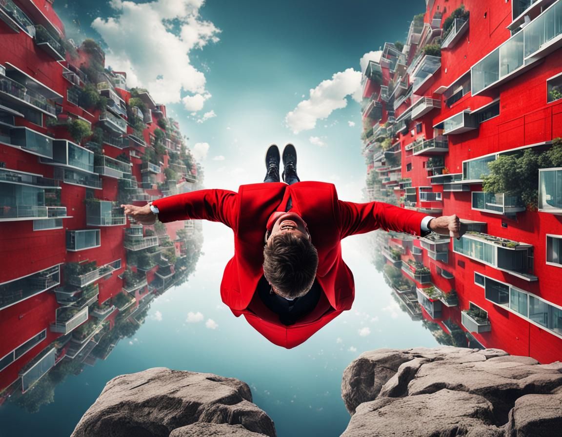 A city upside down with a man in red floating on a rock.