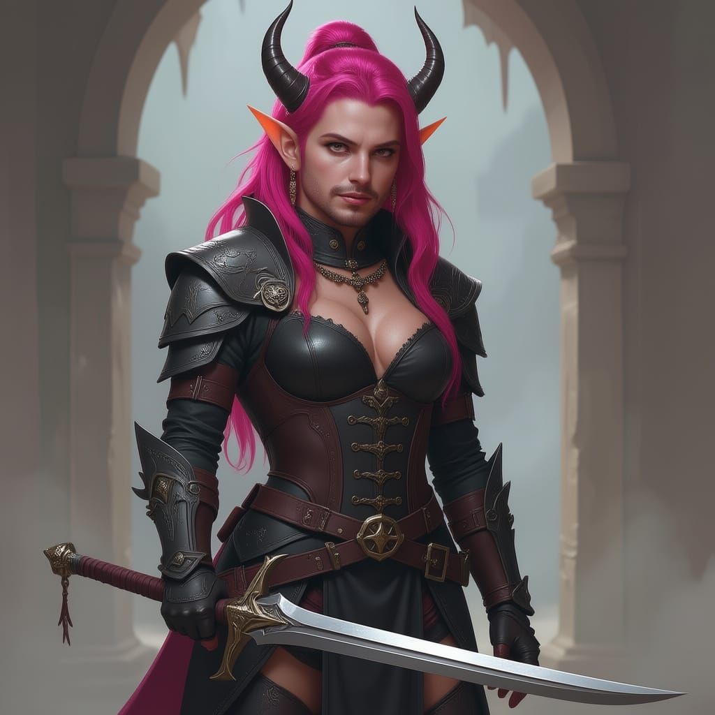 Red tiefling with pink hair wearing leather armor wielding a sword full body