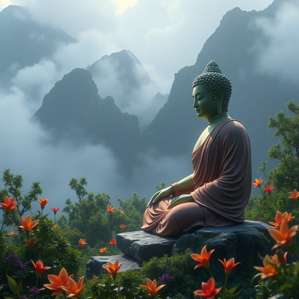Serene Mountain Meditation: Buddha and Subhuti in Anime Art