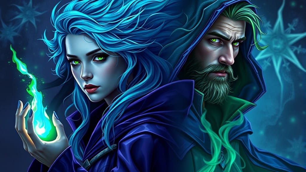 Dark Green-Eyed Mages Engulfed in Flames, Cyberpunk Steampun...