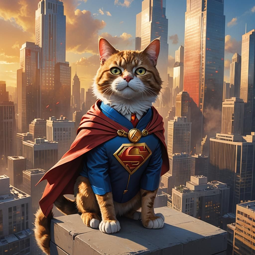 Imagine a superhero cat with the iconic features of Superman...