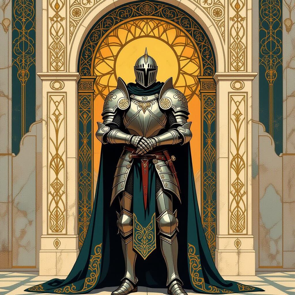 A solitary art deco knight stands in an art deco design castle wall. He is facing the viewer.