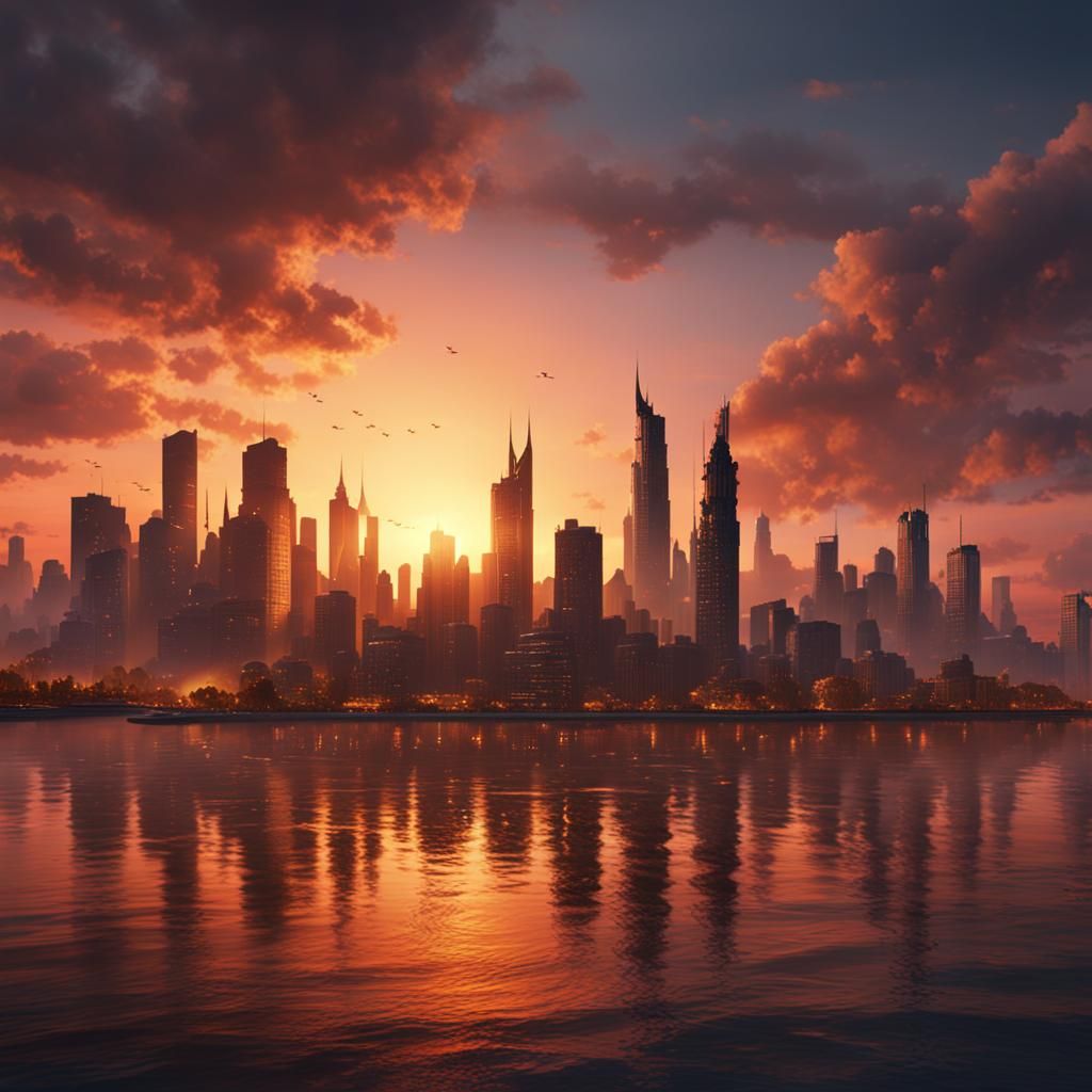 City skyline across the water at sunset