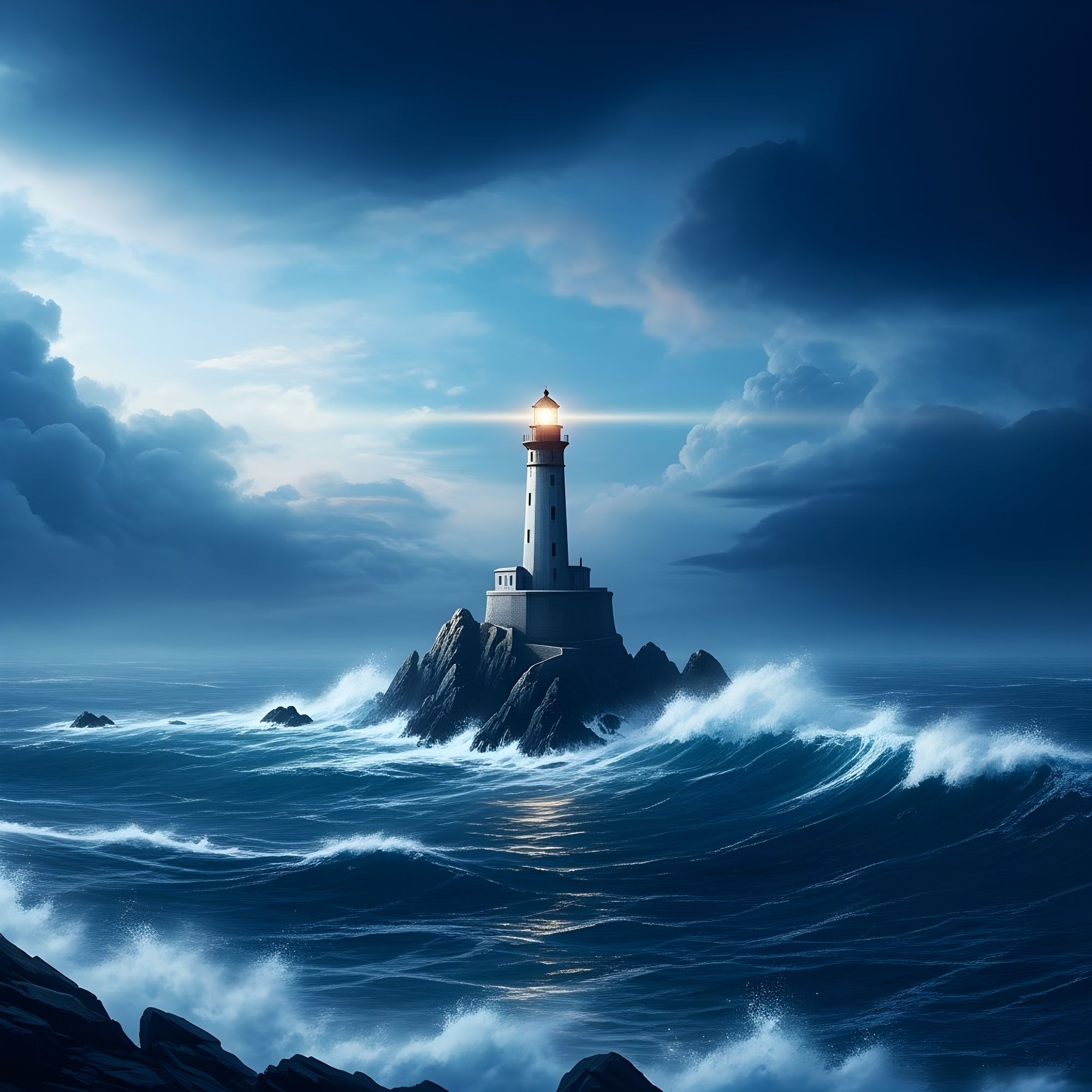 A lone, ancient lighthouse stands on a rocky outcropping, battered by a stormy sea under a twilight sky. The light from the lighthouse casts...