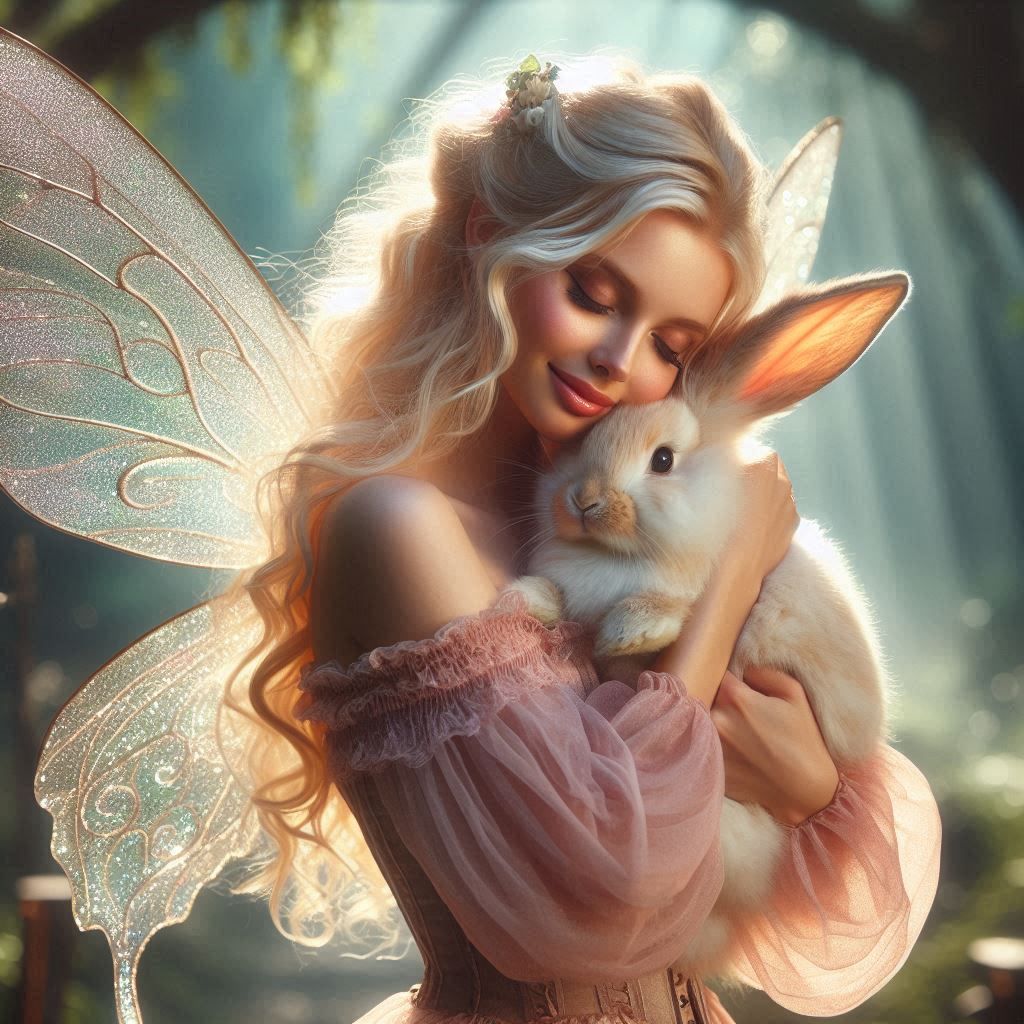A blonde fairy hugging a bunny