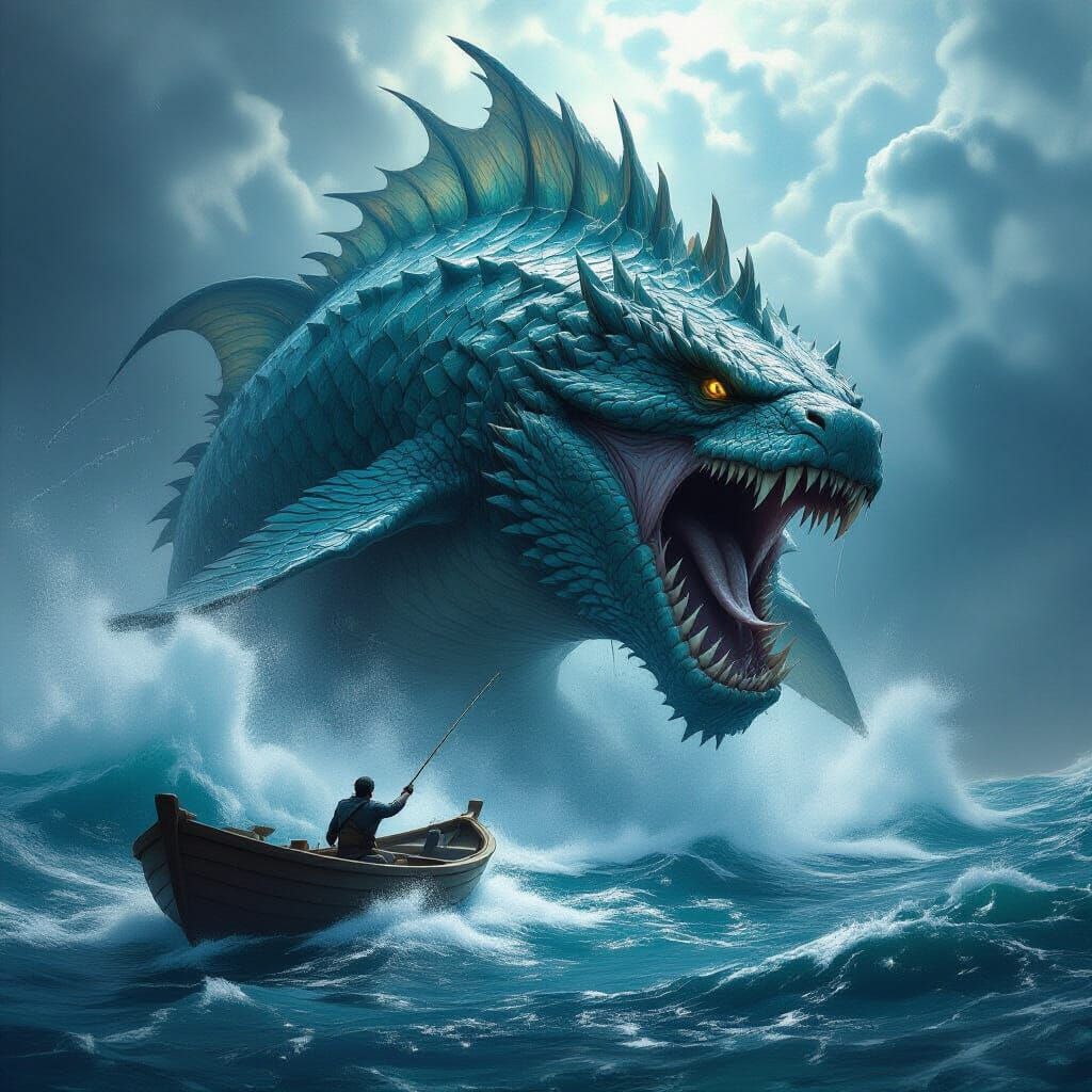 A massive mythical fish emerging from stormy waves as a lone fisher battles it from a tiny boat, dramatic high-fantasy, powerful contrast