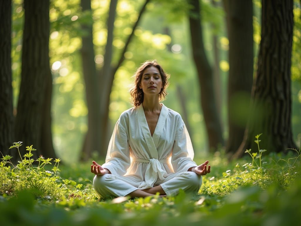 A woman meditating among beautiful trees in summer forest, amazing nature. Professional photography, bokeh, natural ligh...