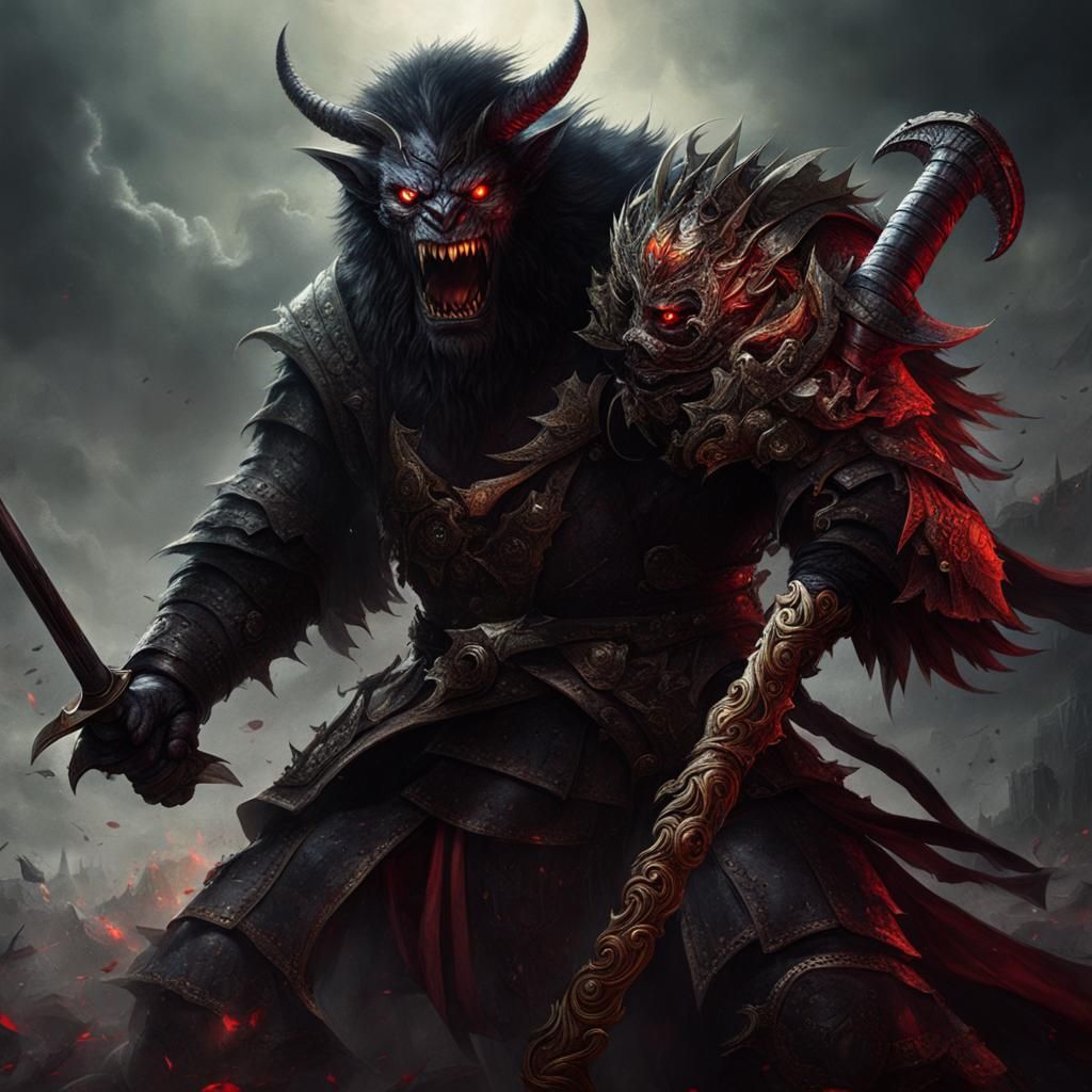 Scary monster wendigoo with a man with a Sword mideval times