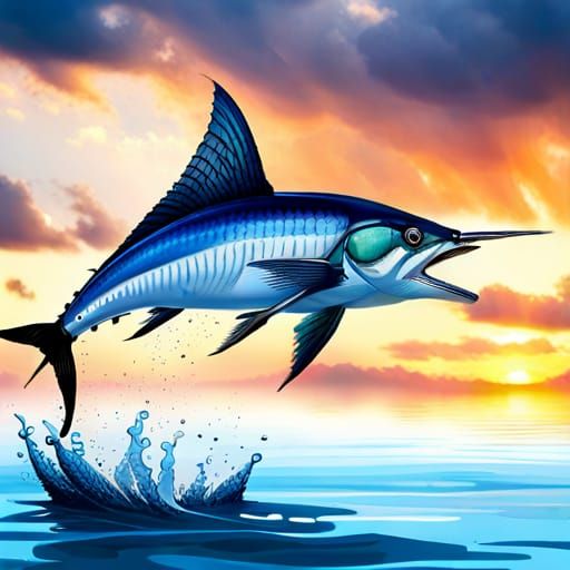 Blue Swordfish Jumping Out Of Water - Ai Generated Artwork - Nightcafe 