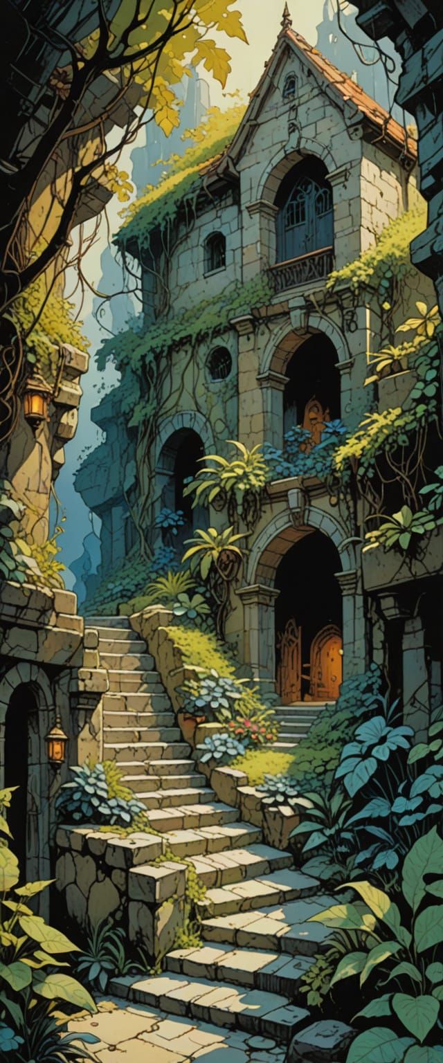 dungeon, mysterious passageway, tunnels, color lighting, stone, polished, vines, tropical plants, flowers, goblins, treasure chest, swords, ...