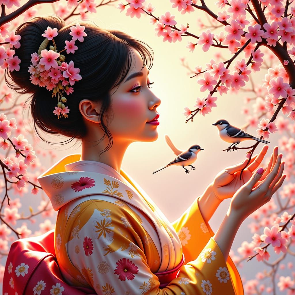 Serene woman in traditional Japanese attire, surrounded by blooming cherry blossoms, sharing her dreams with nature, as a thousand birds sin...