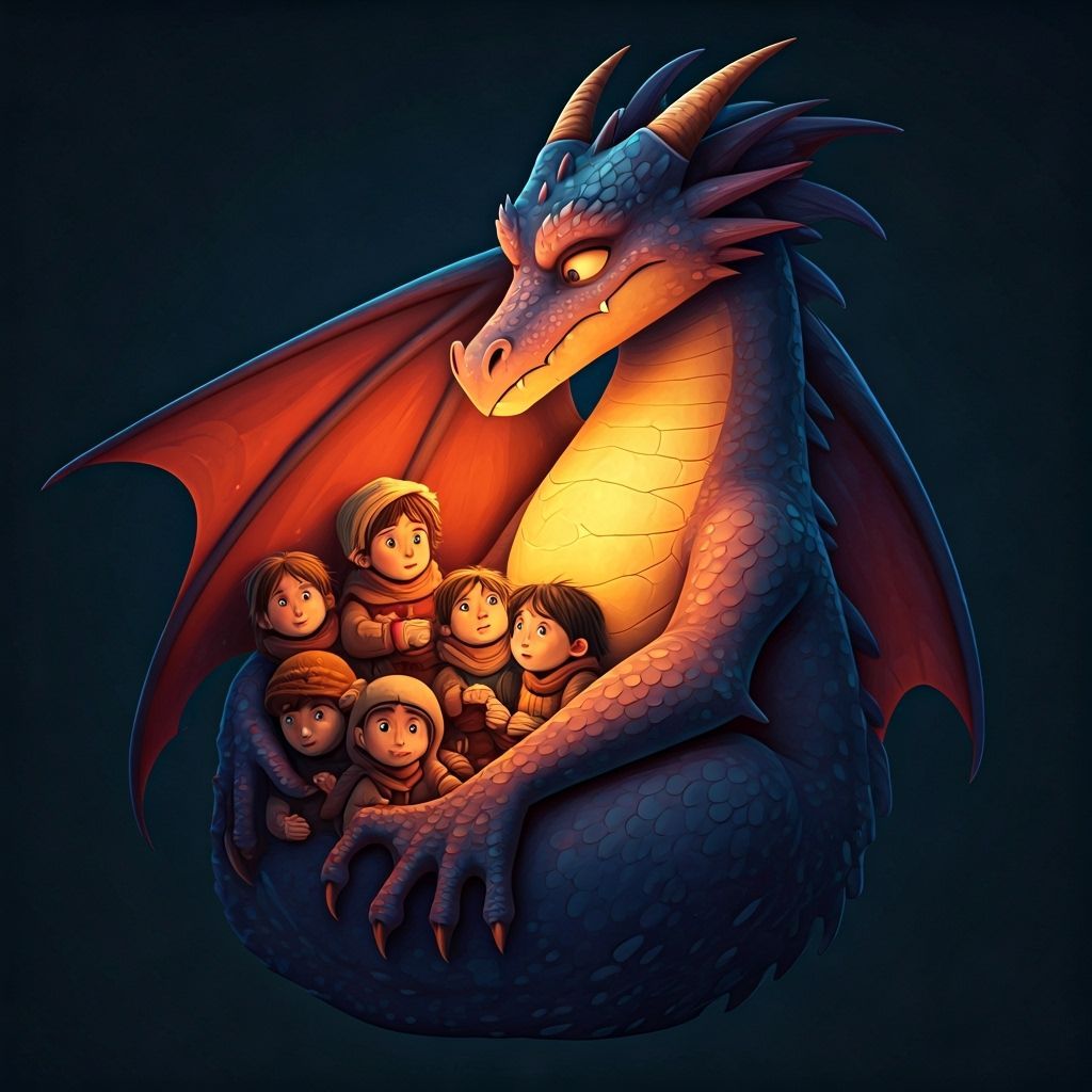 a seemingly fierce dragon with sharp claws and fiery breath cradles a group of orphaned children in its ...  by @tabbcat