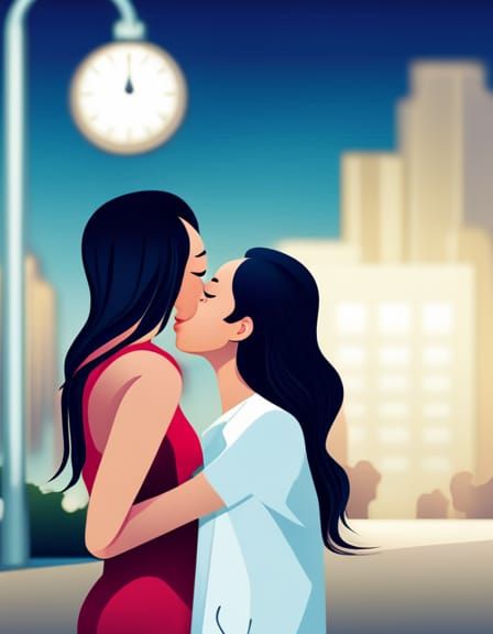 Two teenage girls kiss each other in the street at night
