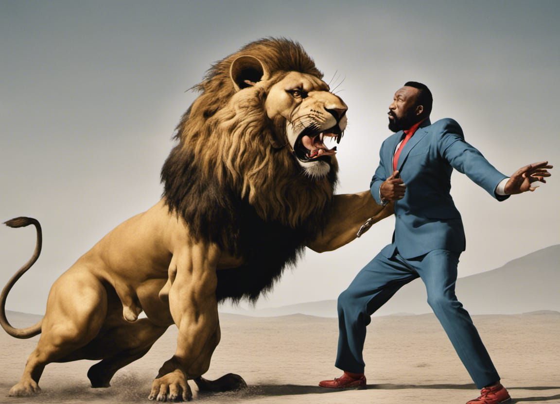 Mr. T fighting with a lion. salvador dalì style