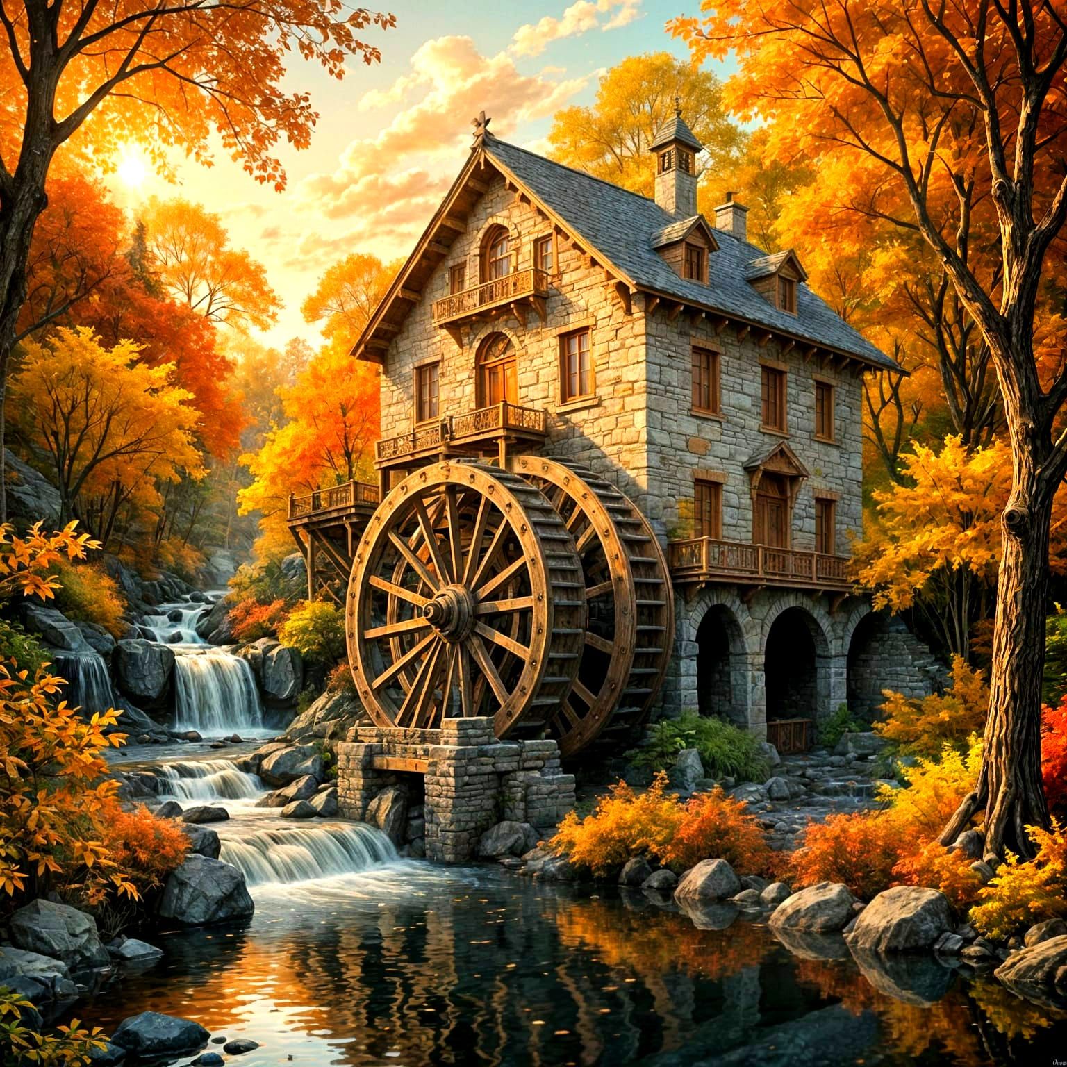Masterpiece Monday German classic era gray brick in a river working waterwheel, autumn, Epic cinematic ...  by @Lennis