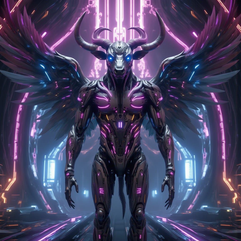 <lora:Beast Wars:1.0> Humanoid bull, lithe build, sharp teeth, wearing cybernetic armor, large feathered wings with metallic purple and blue...