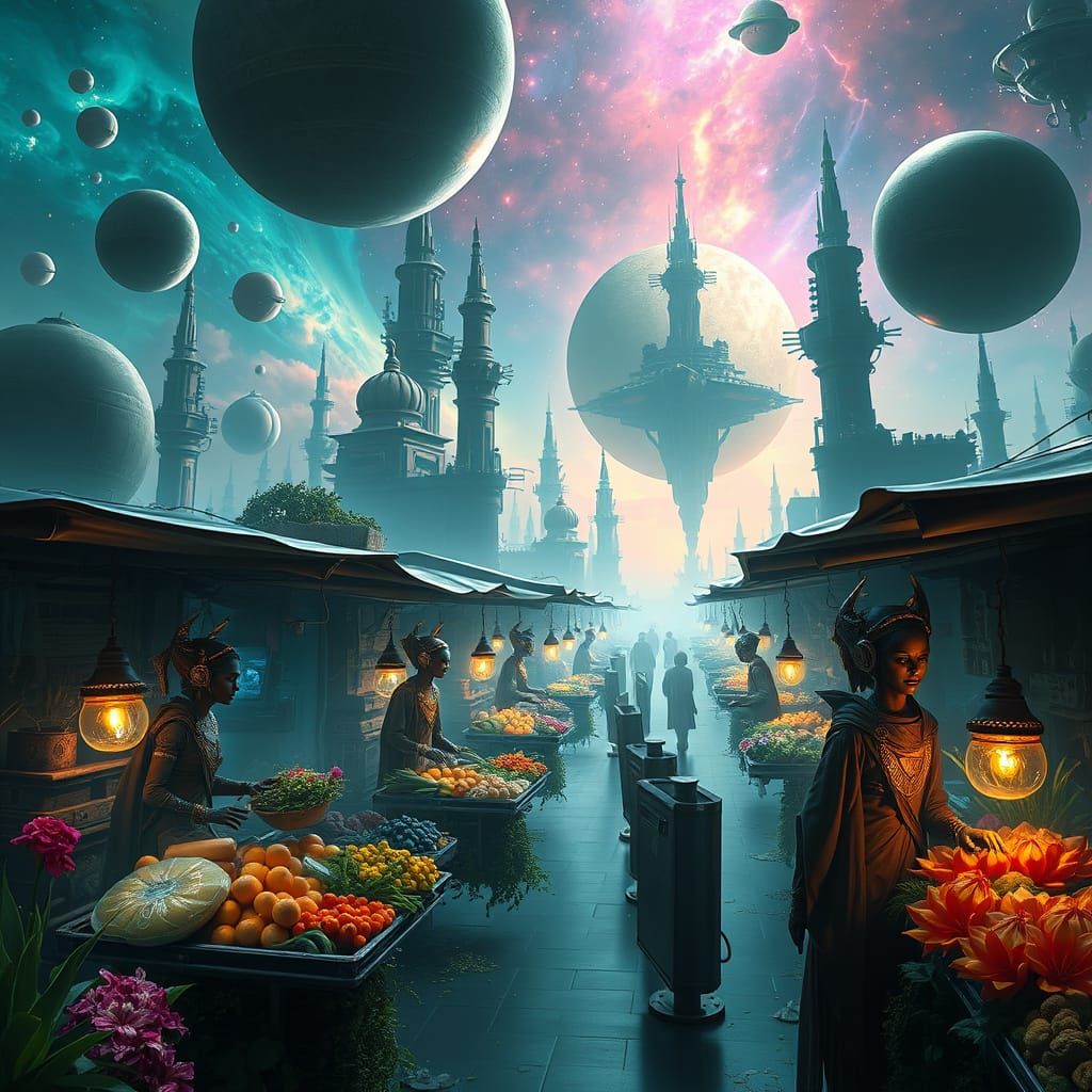 Between Floating Cities in a Near Future, a floating Bazaar with Alien Merchants Selling  by @Solissa
