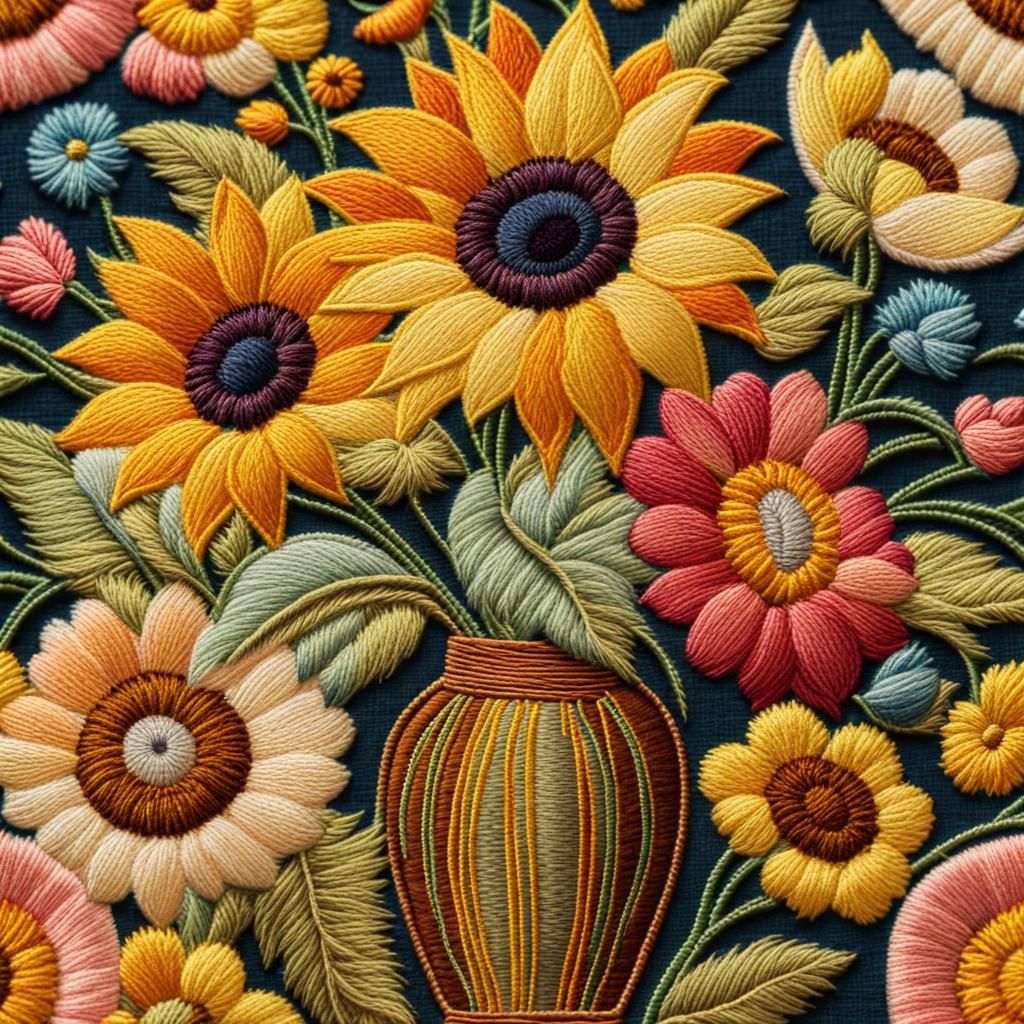 String Art. Close-up. A bouquet of colorful flowers including a sunflower in a vintage vase.   by @Bunnzo