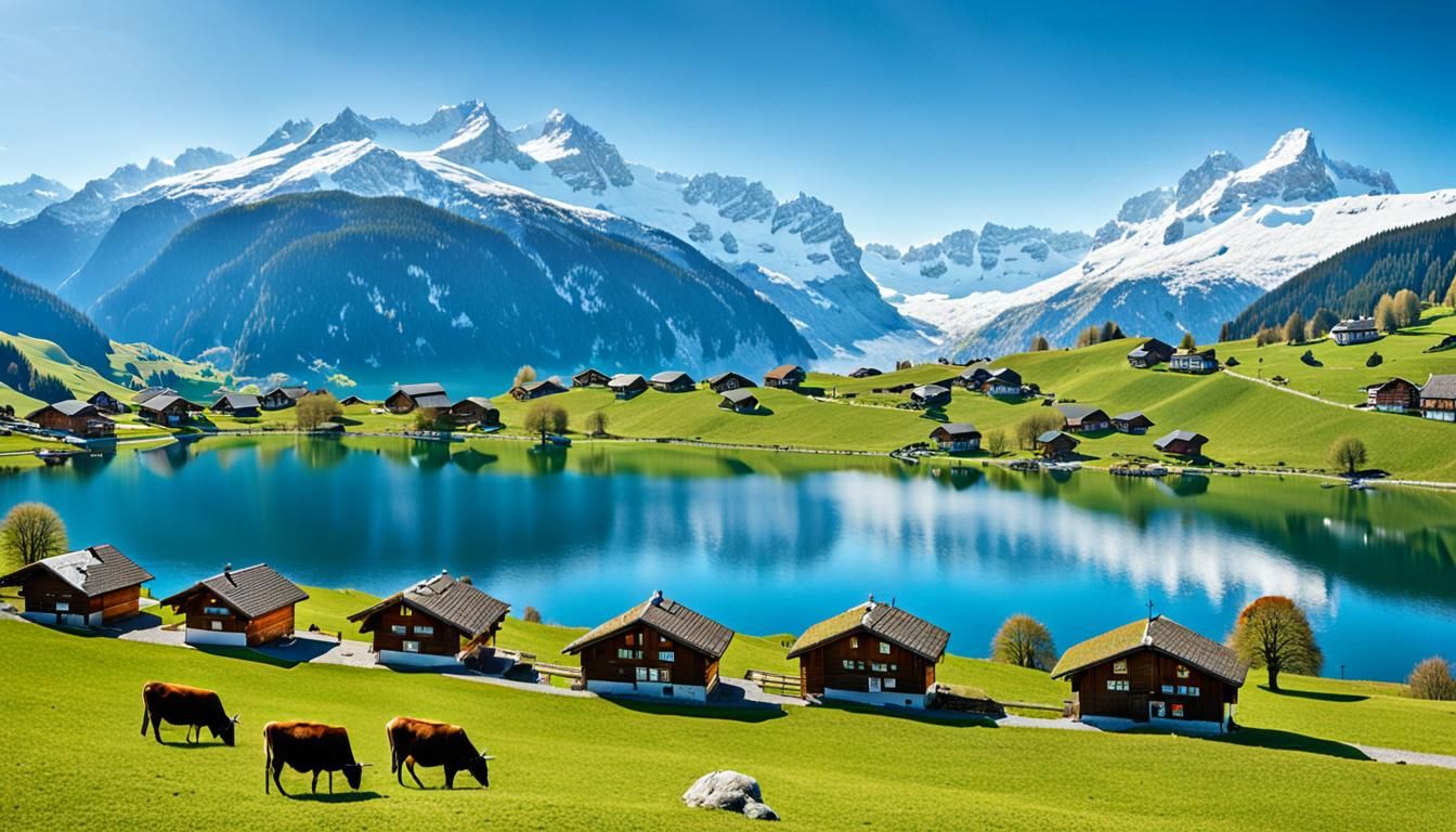 a high-resolution image of a peaceful Swiss countryside. Rolling green hills stretch toward the horizon, dotted with traditional wooden chal...