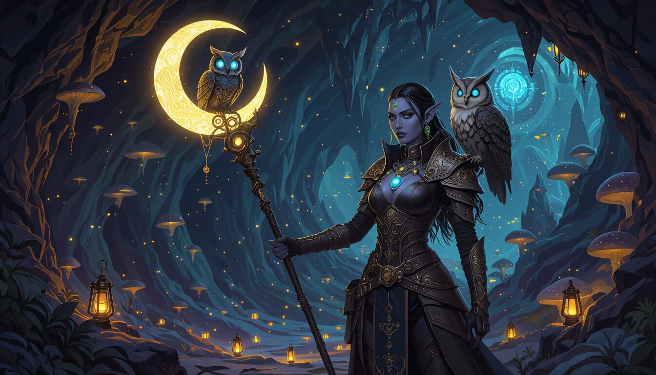 A hyper-realistic whimsical clockwork owl perches on a crescent moon staff of a serious looking female dark elf sorceress artificer