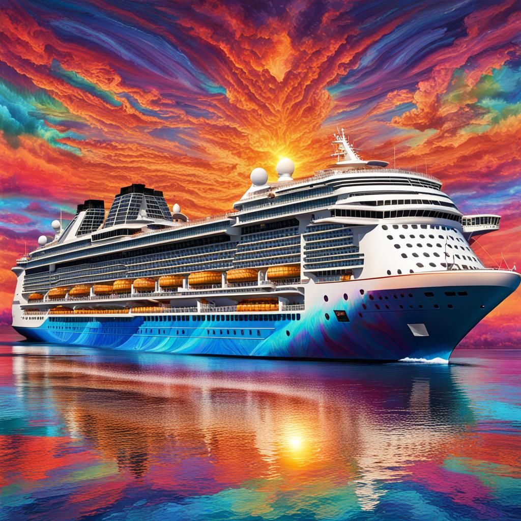 photo of a large cruise ship sailing off into the sunset. sh...
