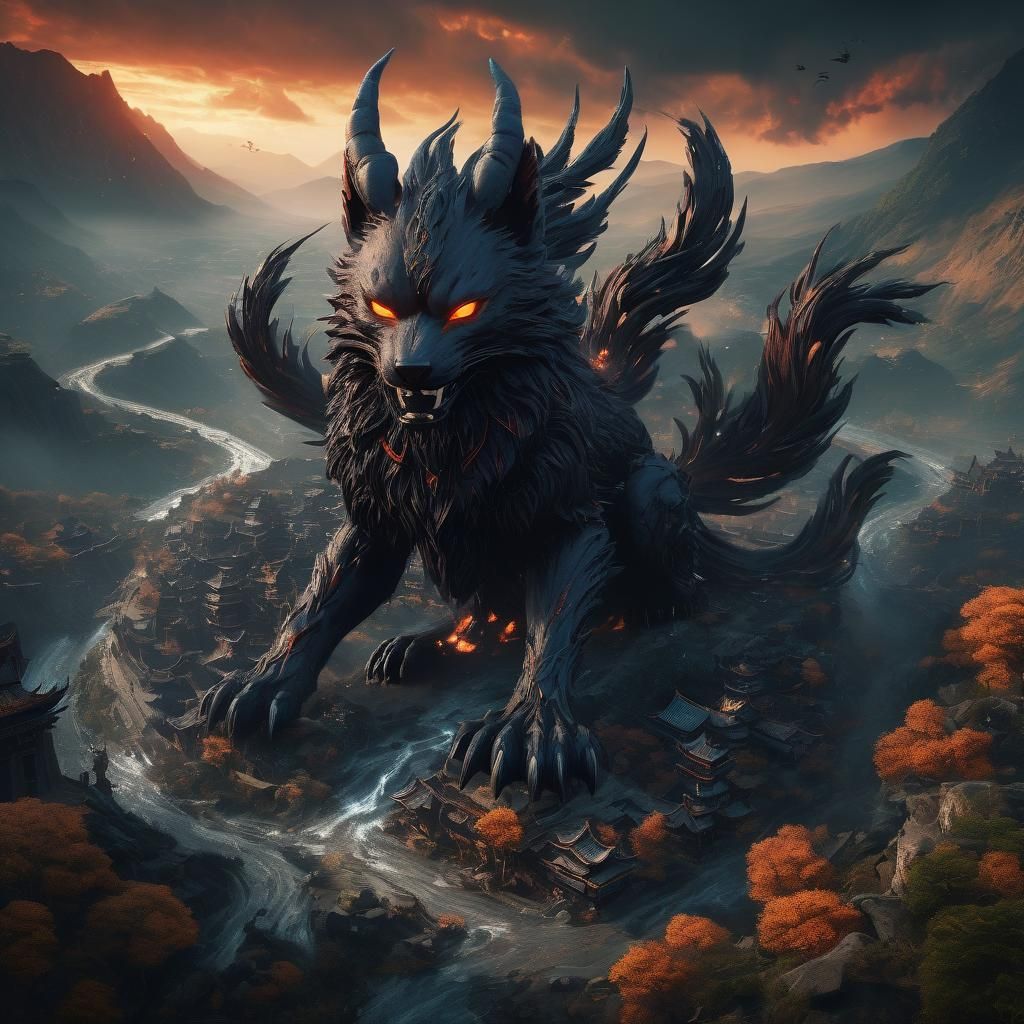 A drone view of a black kitsune with nine tails wrecking havoc in the valley