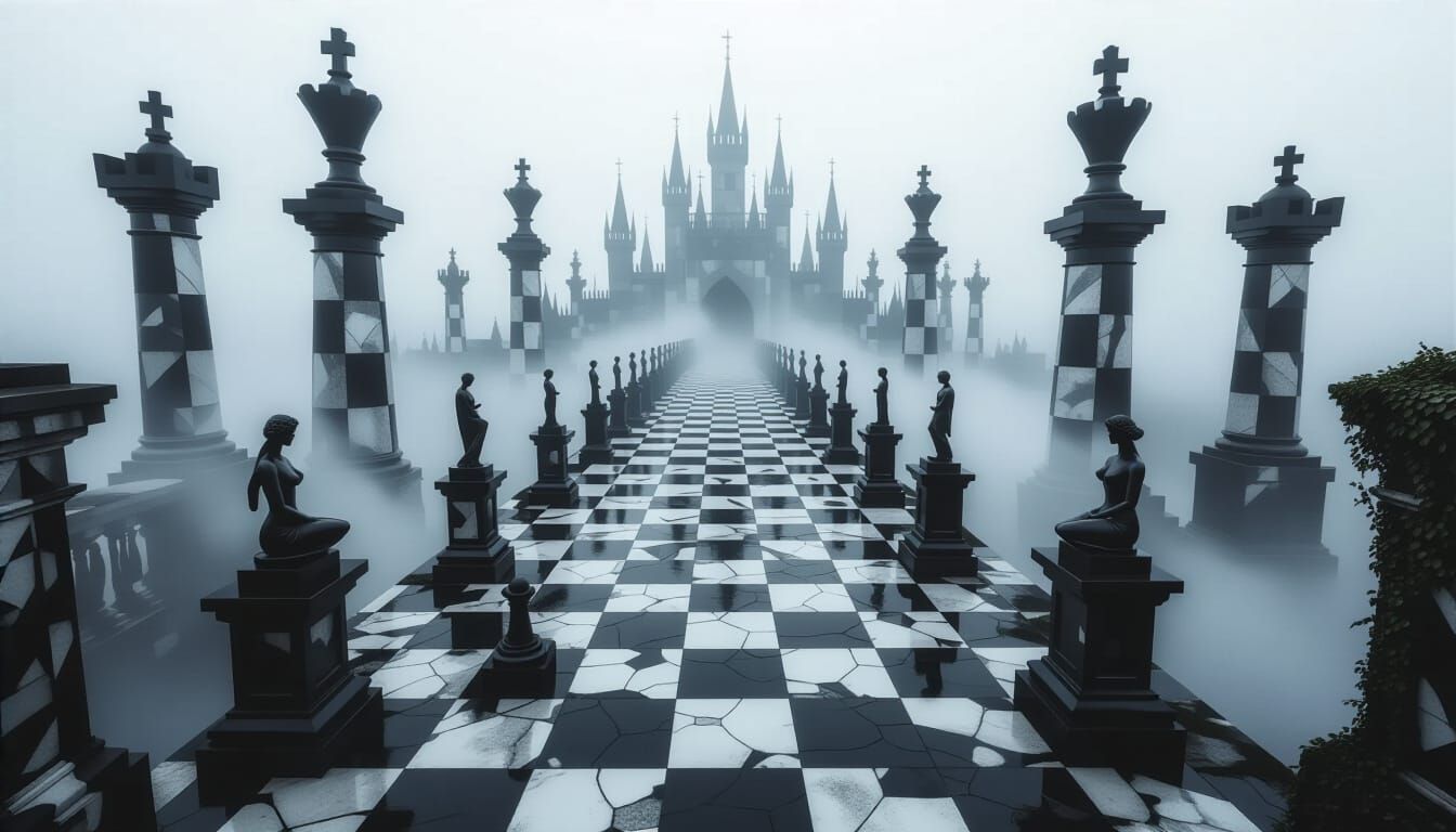 The Chess Kingdom Forgotten by Time
A vast city shaped like a chessboard stretches into the mist, each building resembling chess pieces carv...