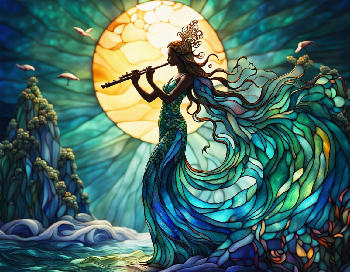 Stained glass art Mystical Sea Siren  playing a Chinese flute  by @Sumikokeel